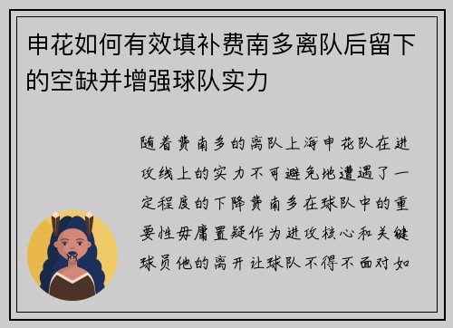 申花如何有效填补费南多离队后留下的空缺并增强球队实力